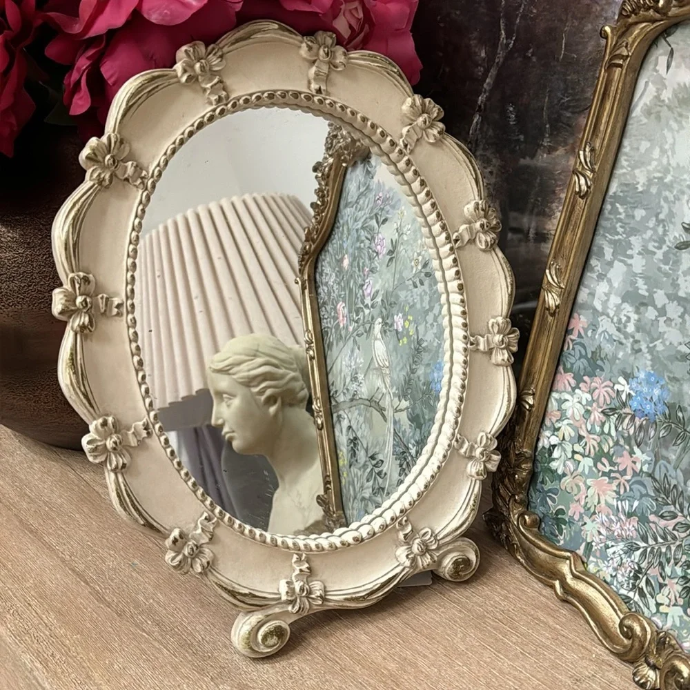 Vintage Syroco Inc Weathered Off White Easel Vanity  Oval Mirrored